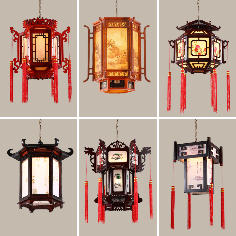 实木六角阳台仿古寺庙玄关吊灯