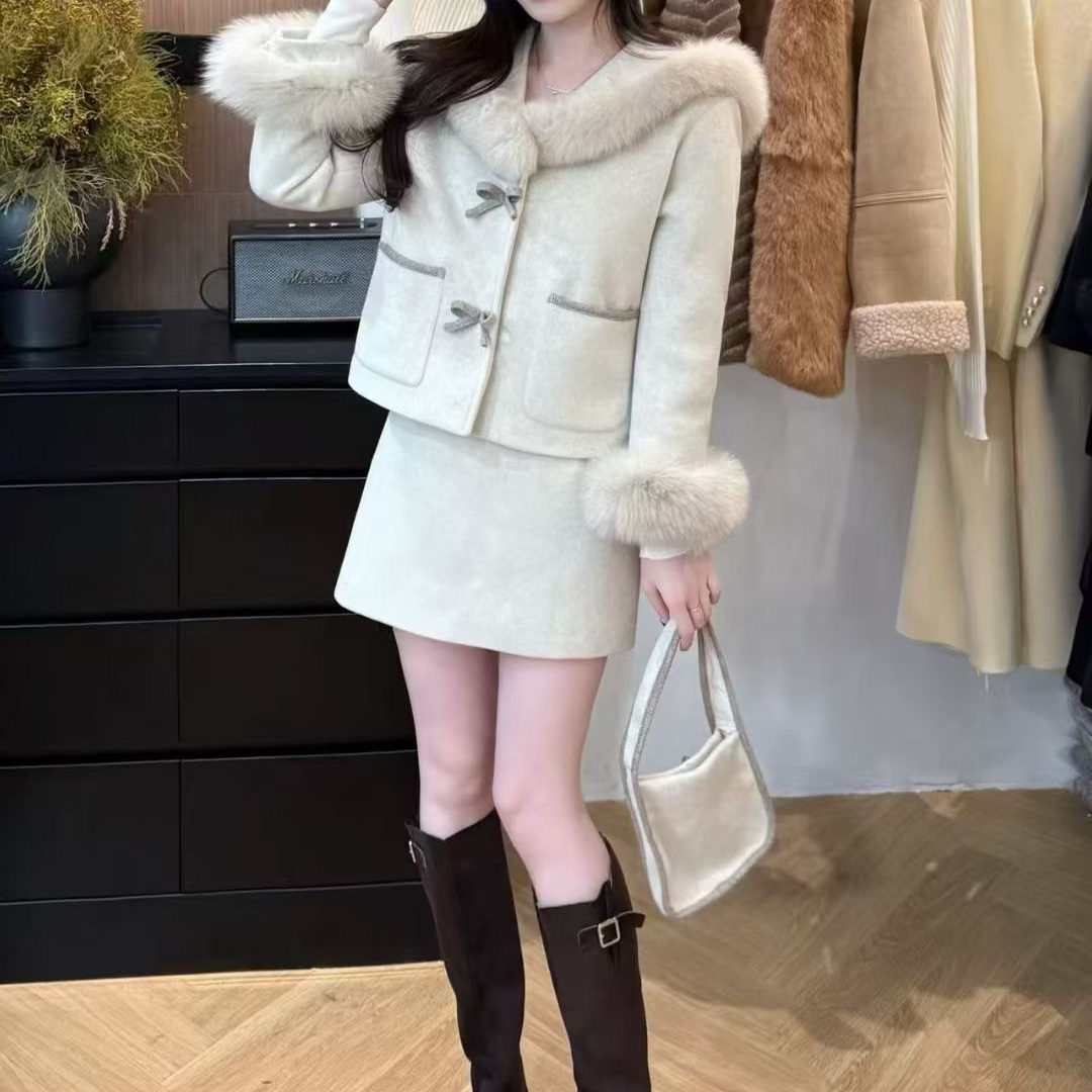 海军领毛呢毛毛袖气质小个子套装