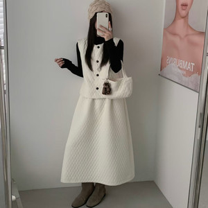 菱格短压棉马夹半裙套装配包包女冬季韩版圆领坎肩中长款半身裙潮