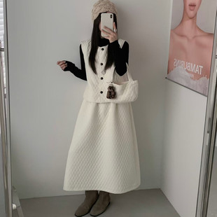 圆领坎肩中长款 韩版 半身裙潮 配包包女冬季 菱格短压棉马夹半裙套装