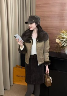 大翻领派克服加绒外套女秋冬2025休闲时尚 宽松百搭流行机车夹克潮