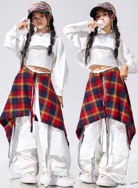 爵士舞女童潮酷时髦少儿jazz演出服女团走秀白色工装长裤连帽罩衫