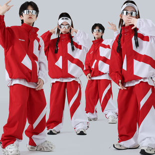 儿童街舞演出服男女童风衣中国红色套装酷帅嘻哈hiphop运动会2026
