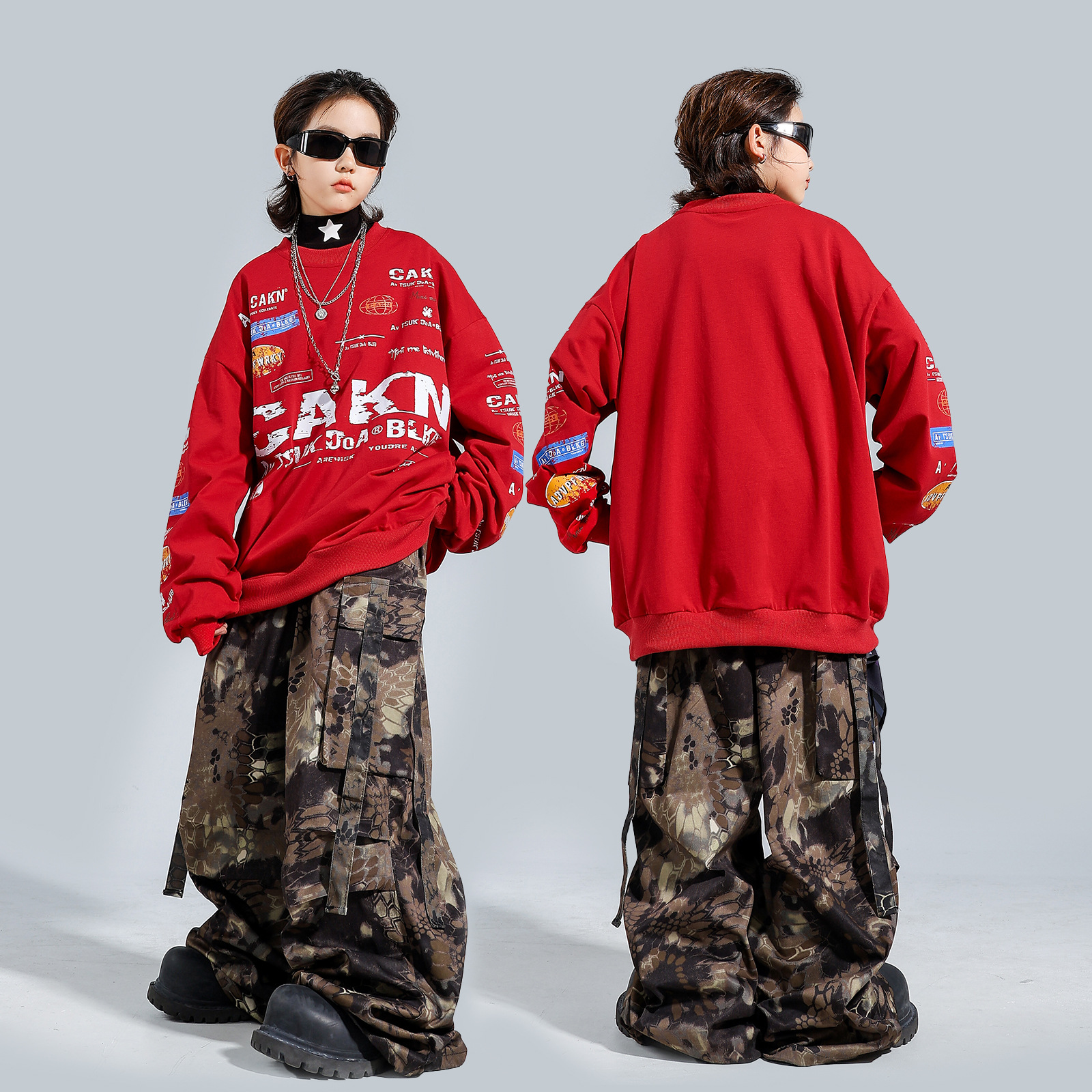 儿童街舞hiphop字母卫衣套装红色