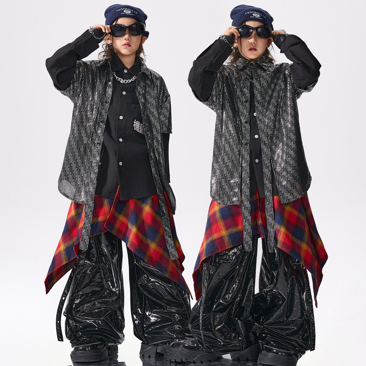 儿童街舞演出潮服男童hiphop嘻哈酷帅灰色亮面衬衫皮裤少儿架子鼓