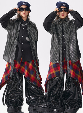 儿童街舞演出潮服男童hiphop嘻哈酷帅灰色亮面衬衫皮裤少儿架子鼓