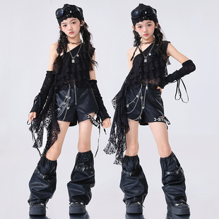 儿童爵士舞服装时髦女孩jazz演出服黑色皮短裤斜肩蕾丝上衣走秀潮