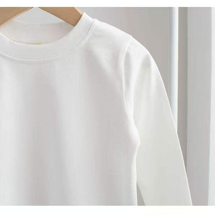 儿童纯棉圆领白色长袖T恤小中大童男女童百搭打底衫春秋上衣内搭