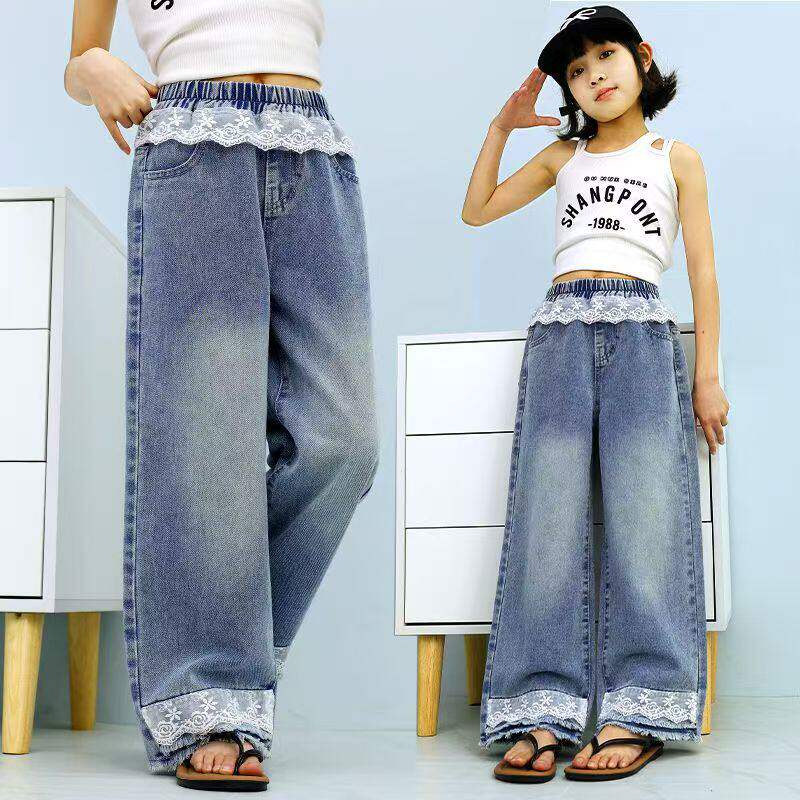 女童蕾丝拼接牛仔裤春款女孩高腰宽松直筒阔腿裤洋气长裤春夏秋季