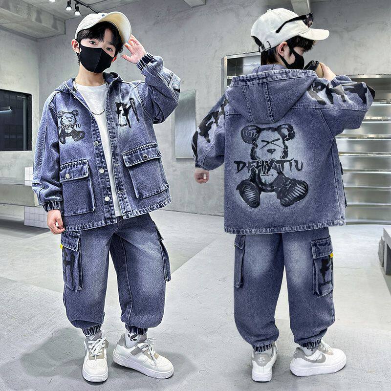 中大童男童春装牛仔套装男孩春秋季韩版休闲连帽两件套潮长袖外套