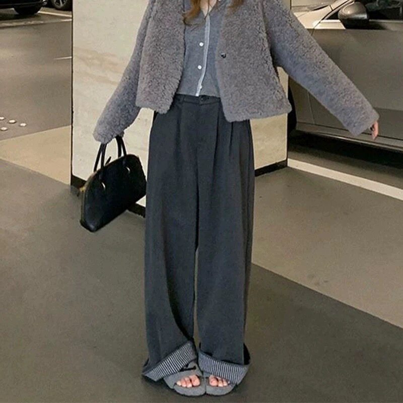 新款大码深灰卷边毛呢阔腿裤女秋冬保暖高腰垂感人字纹休闲西装裤,女装/女士精品,大码裤装,淘宝优惠券,粉丝福利购,淘宝优惠卷