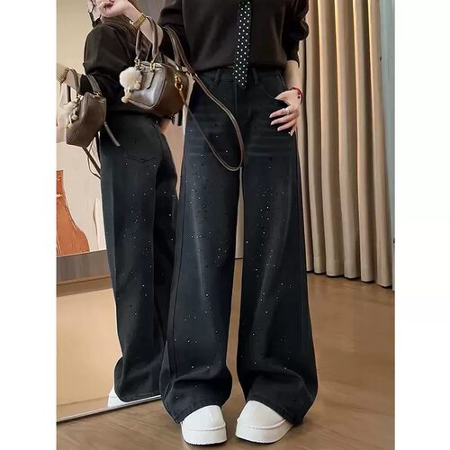 烫钻大码复古牛仔裤女春季胖mm梨型身材宽松高腰显瘦直筒阔腿裤子