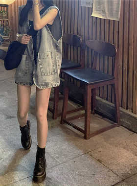 胖mm复古宽松牛仔马甲女chic大码春秋百搭BF工装外搭无袖马夹外套