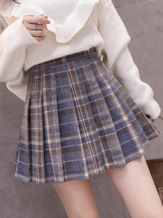 胖妹妹格子百褶裙女秋冬大码 学院风毛呢高腰显瘦半身短裙潮