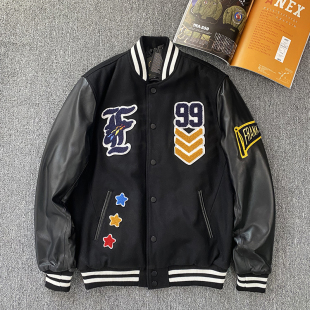 皮夹克多刺绣男士 子拼接毛呢棒球服短款 真皮皮衣 绵羊皮袖 春秋新款