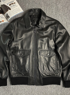 春秋新款皮衣男绵羊皮A2飞行服真皮夹克短款上衣经典百搭皮外套潮