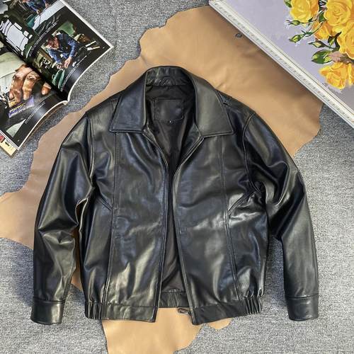 柔软小羊皮港风翻领宽松皮夹克