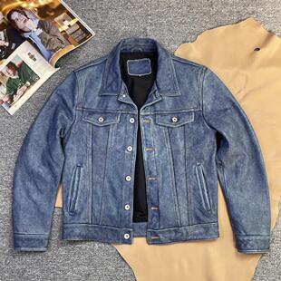 帮友厂清货 水洗石磨做旧真皮皮衣男机车茶芯牛皮夹克复古牛仔款