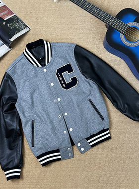 订单剩余！刺绣真皮棒球服外套休闲皮衣牛皮袖毛呢上衣男灰色夹克