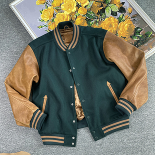 高端油蜡头层牛皮外套美式 复古毛呢机车棒球服真皮皮衣宽松夹克男