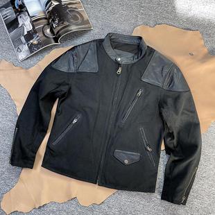 立领皮衣春秋机车夹克 修身 帮友厂清货 牛皮拼接牛仔布外套男士