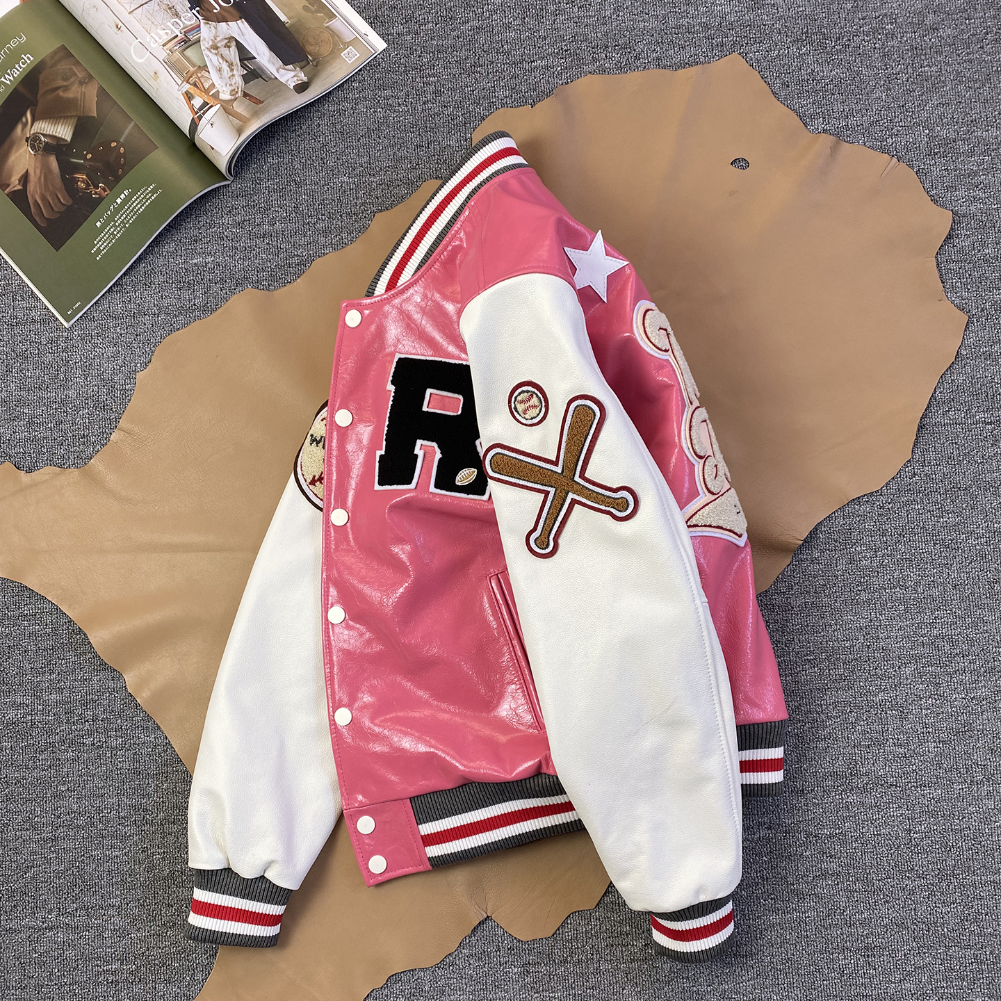 高端进口油蜡小牛皮多标棒球服