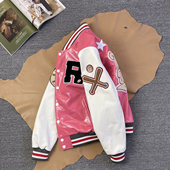 高端进口油蜡小牛皮青年机车夹克多标棒球服刺绣加棉真皮皮衣男女