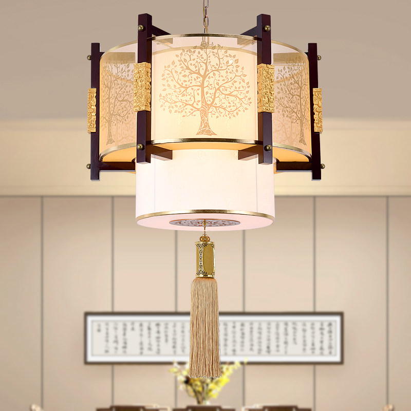 新中式客厅吊灯led餐厅卧室实木羊皮灯中国风饭店酒楼包间复古灯