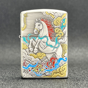 ZIPPO正品之宝打火机 原版盔甲鎏金DIY 马到成功 162银色骏业宏图