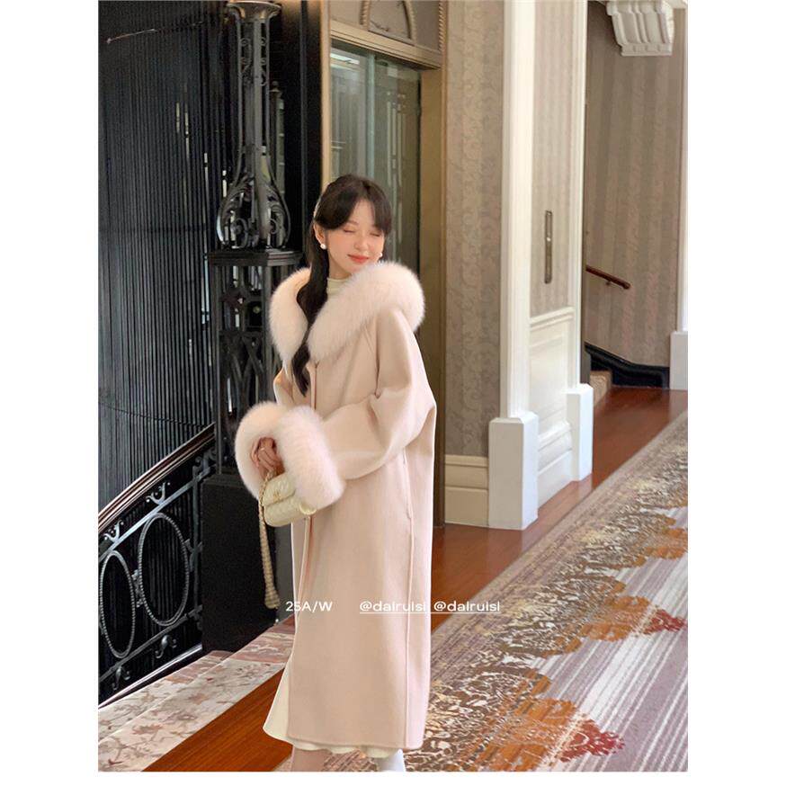"朝朝羊毛双面呢大衣女长