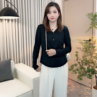 气质百搭显瘦 时尚 v领纽扣上衣内搭外穿纯色t恤棉 新款 2025秋季