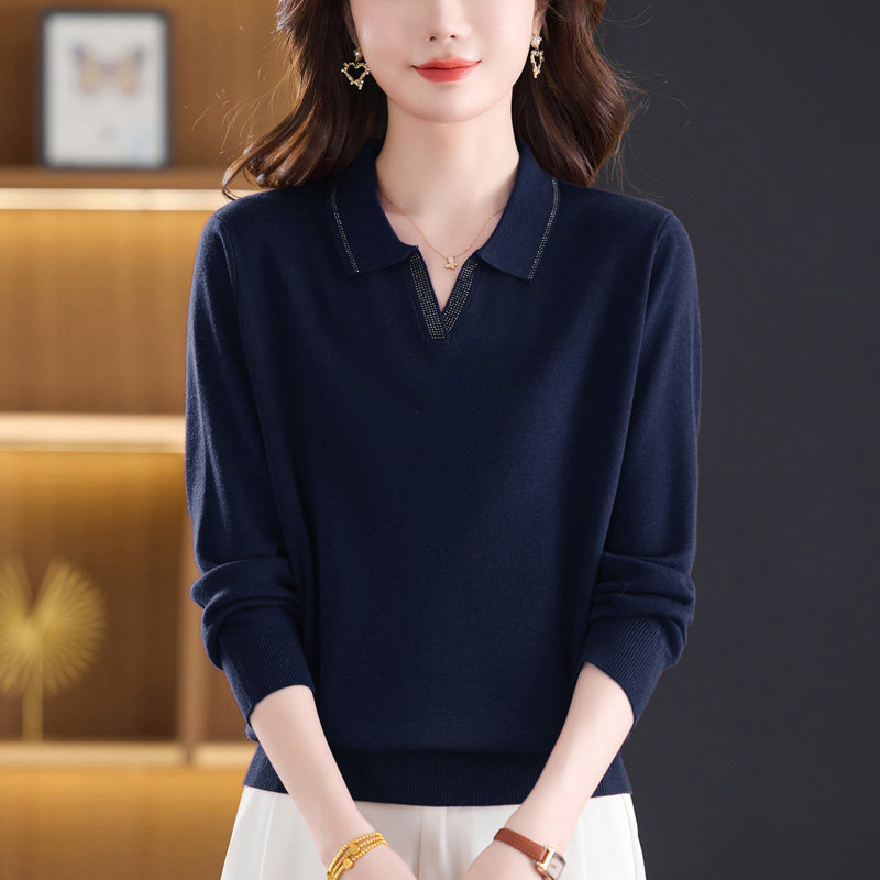 中年妈妈翻领羊毛衫女针织上衣