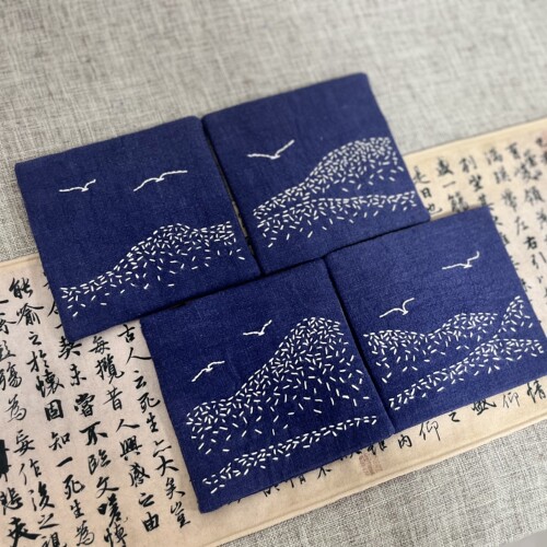 刺子绣杯垫材料包江山图4件套