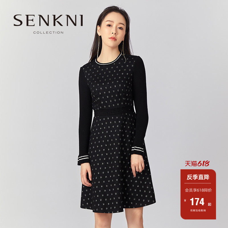 senkni圣可尼新品显瘦通勤印花高腰舒适气质中长款连衣裙商场同款