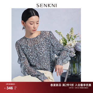 新款 SENKNI圣可尼复古荷叶袖 2024春装 女 印花小衫 抗皱宽松雪纺衫