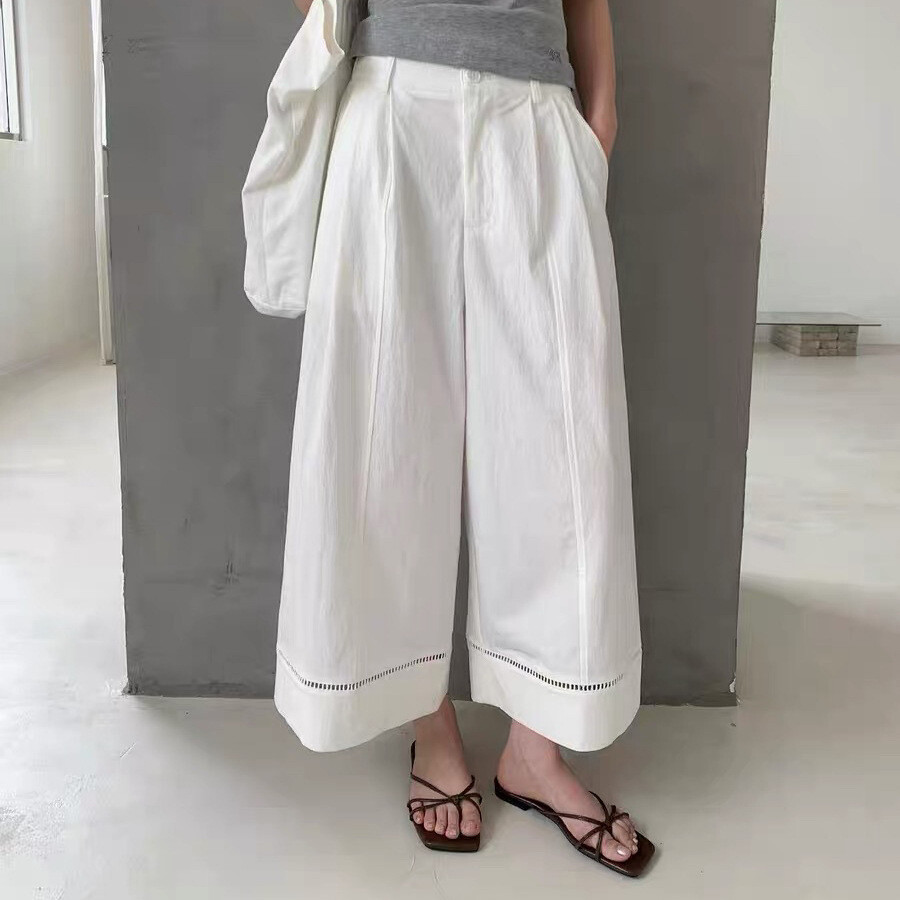 白色镂空阔腿裤女夏季薄款2025新款高腰显瘦小个子直筒宽松九分裤