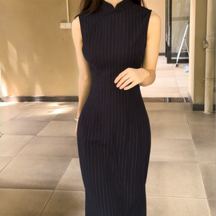 秋辞香~花仙云蝶 无袖国风改良竖条纹高级西装中长款连衣裙旗袍