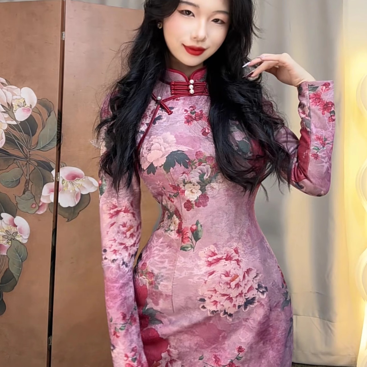 秋辞香~粉襟璎珞 加绒长袖秋冬明媚气质旗袍复古显瘦优雅