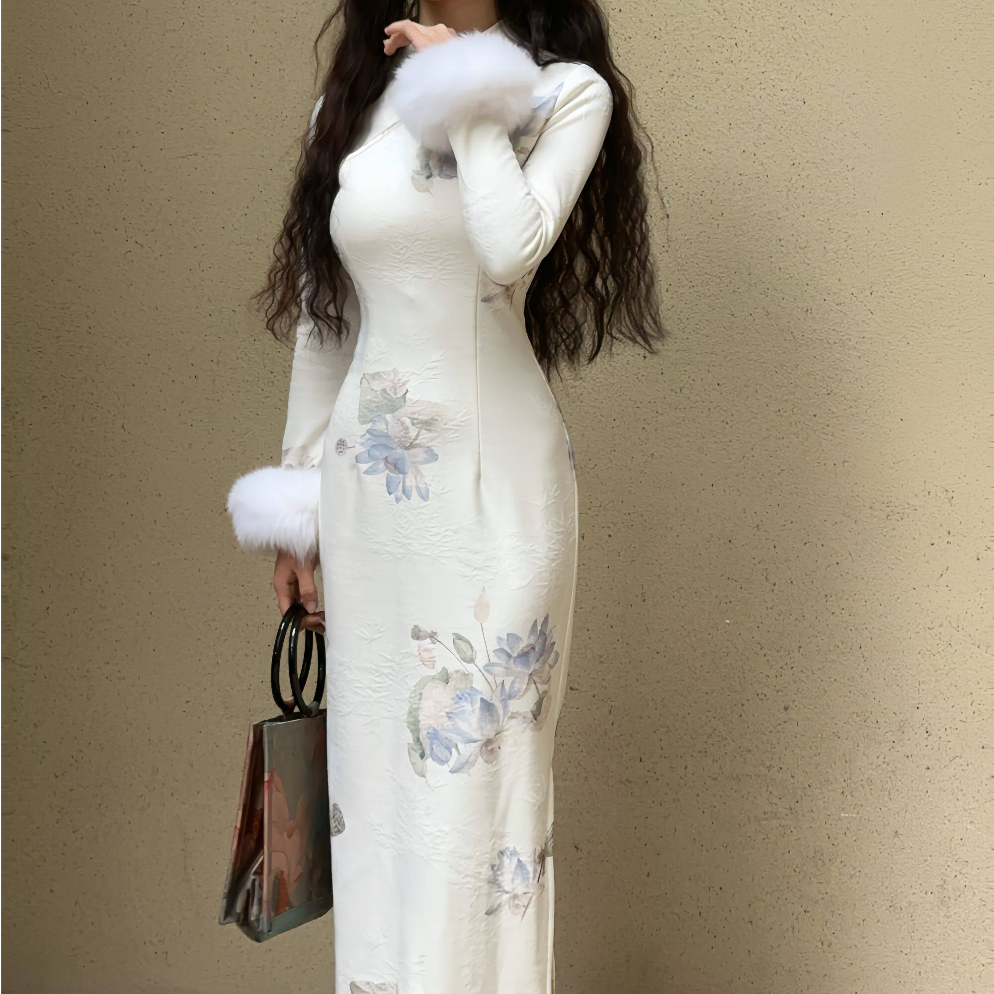 秋辞香~荷花叶 加绒秋冬旗袍春韵别处国风新中式改良连衣裙