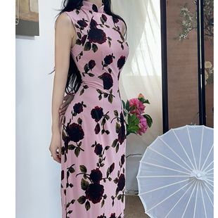 秋辞香~粉雾玫瑰 弹力款无袖显瘦长款花花旗袍连衣裙夏季少女
