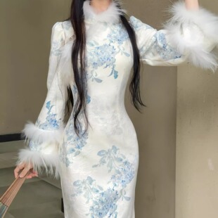 秋辞香~白玉长袖秋冬厚款清冷系温柔女子旗袍连衣裙
