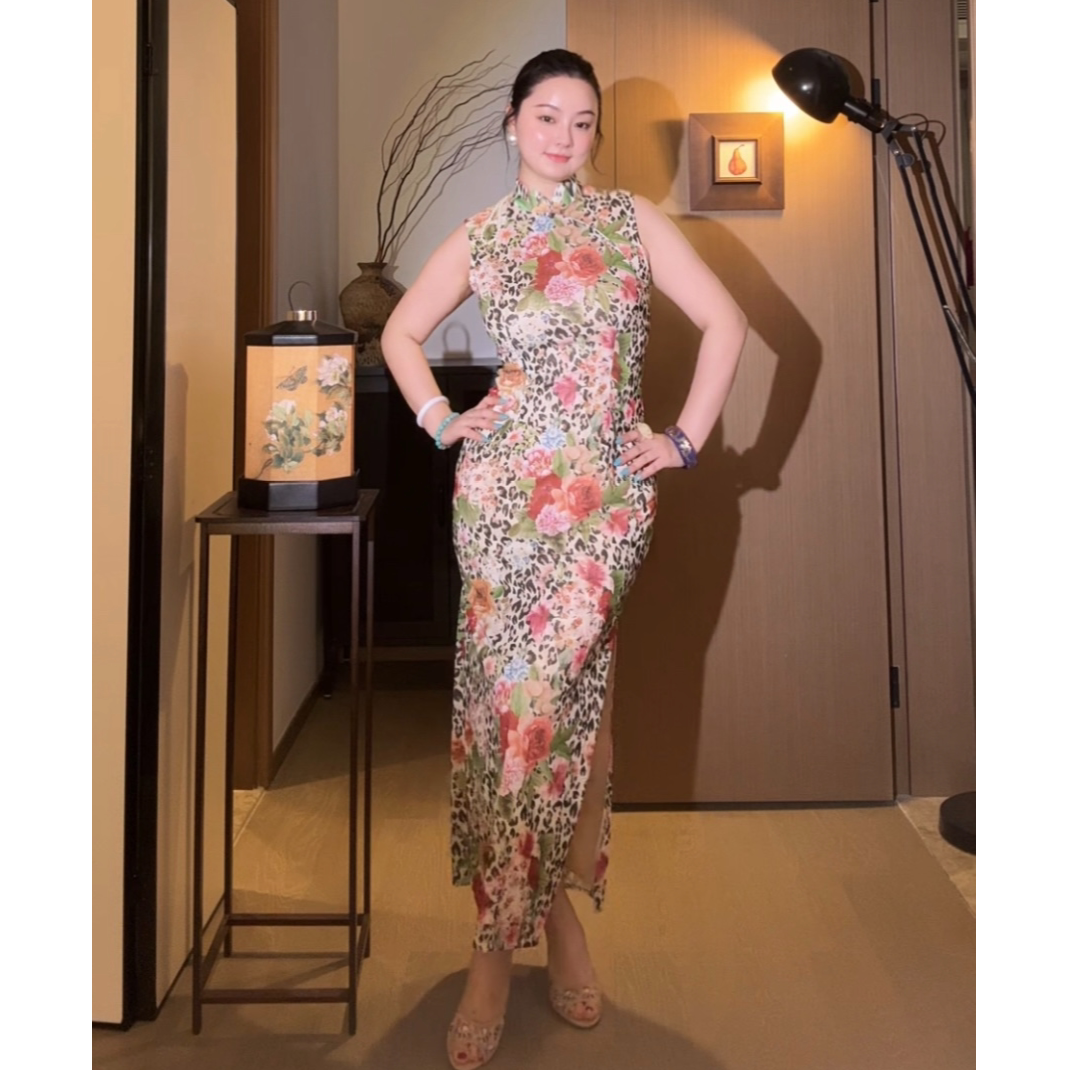秋辞香~豹纹花影 弹力无袖豹纹气质修身新中式国风旗袍连衣裙