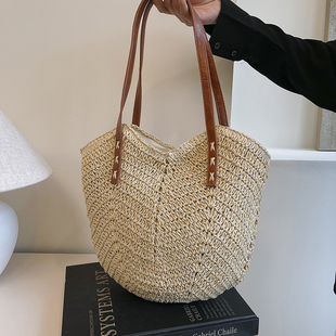高级感草编包女2025新款 镂空编织手提包海边沙滩斜挎包