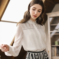 2019 mùa thu mới openwork ren top khí nhẹ trưởng thành nữ áo trắng OL áo sơ mi tay áo ren voan - Áo sơ mi chiffon ren sơ mi công sở nữ