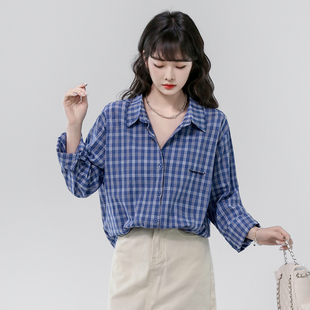 韩国八奶短款/中长款蓝色格纹衬衫男女 barnnet宽松格子衬衣开衫