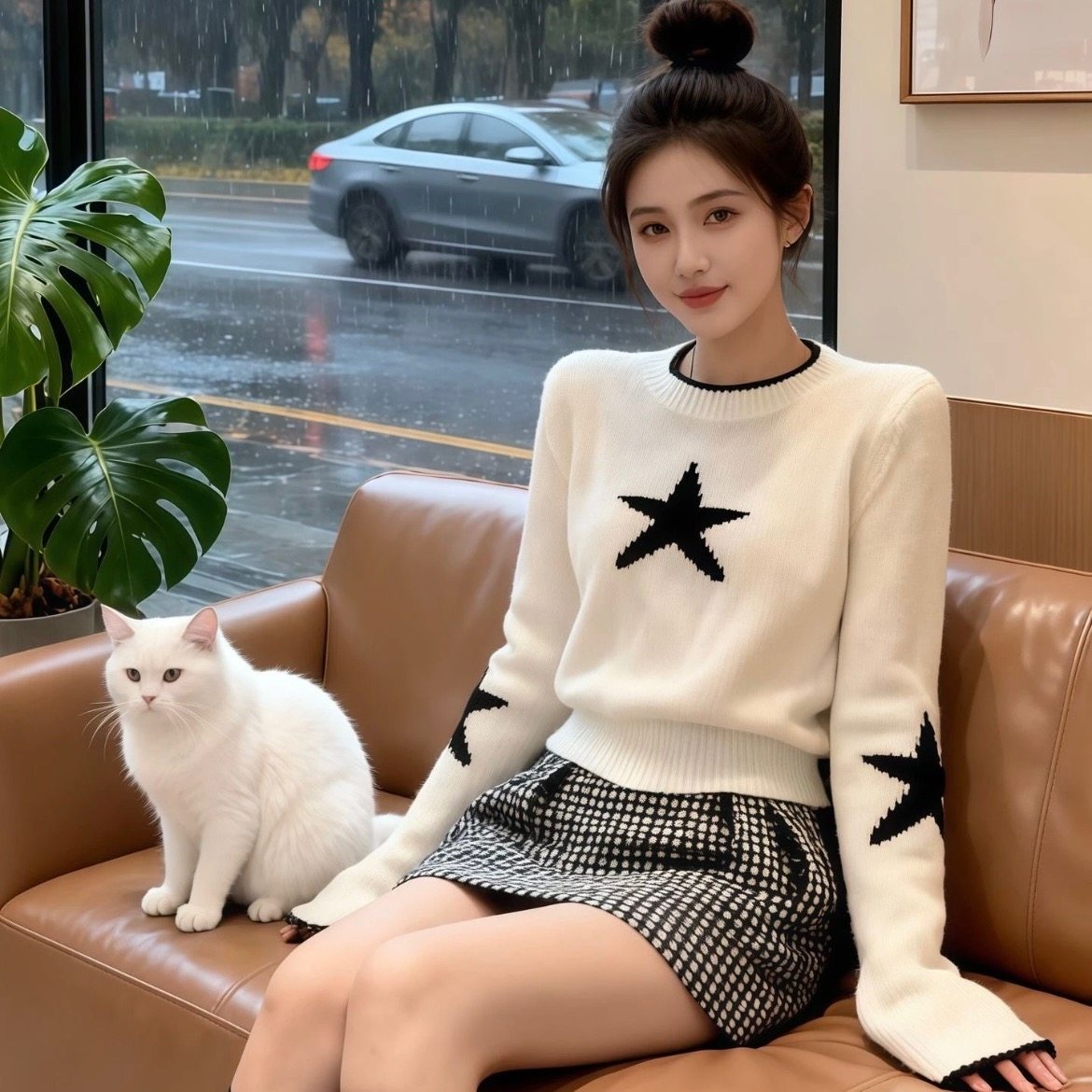 黑白撞色五角星提花毛衣喇叭袖收腰独特漂亮减龄显瘦针织衫上衣女,女装/女士精品,毛针织衫,淘宝优惠券,粉丝福利购,淘宝优惠卷