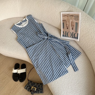 深圳南油轻奢高端货~法式蓝色格子a字裙女夏季无袖背心绝美连衣裙