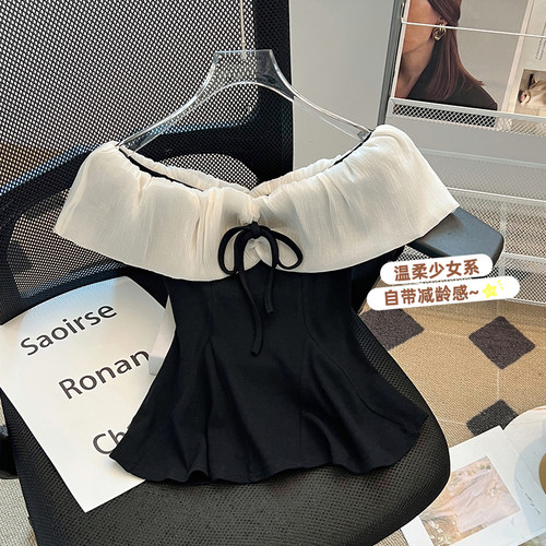 法式蕾丝拼接蝴蝶结一字肩上衣女夏季新款设计感小众掐腰短袖T恤