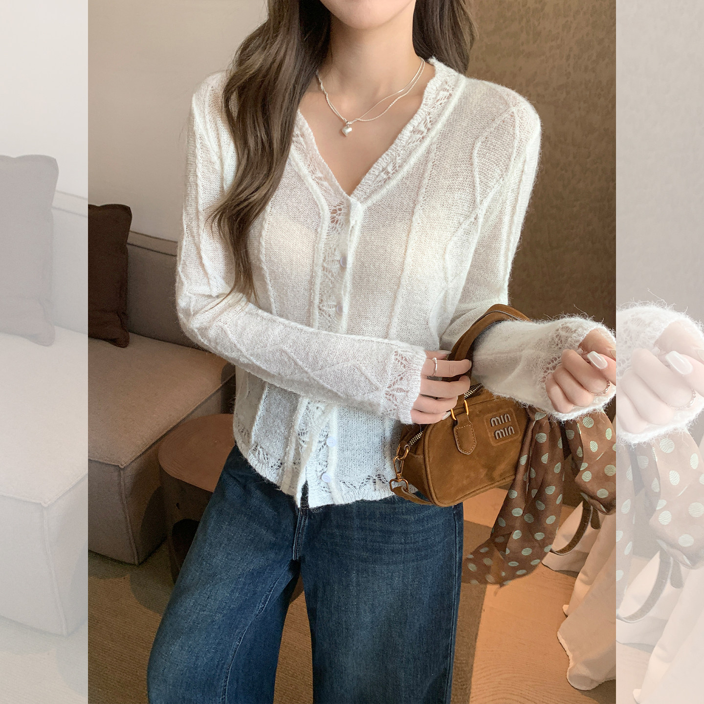 纯欲风奶白色v领花边针织开衫女羊毛修身薄内搭设计感修身打底衫,女装/女士精品,毛针织衫,淘宝优惠券,粉丝福利购,淘宝优惠卷