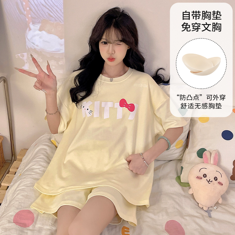 大童睡衣女孩夏季带胸垫短袖短裤高初中学生12-13-15岁套装家居服